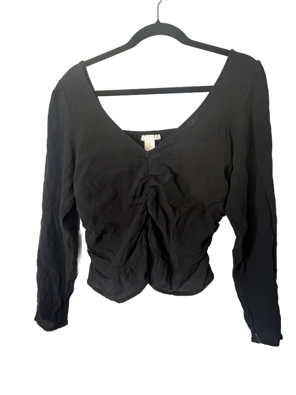H&M Black Ruched V-Neck Long Sleeve Top